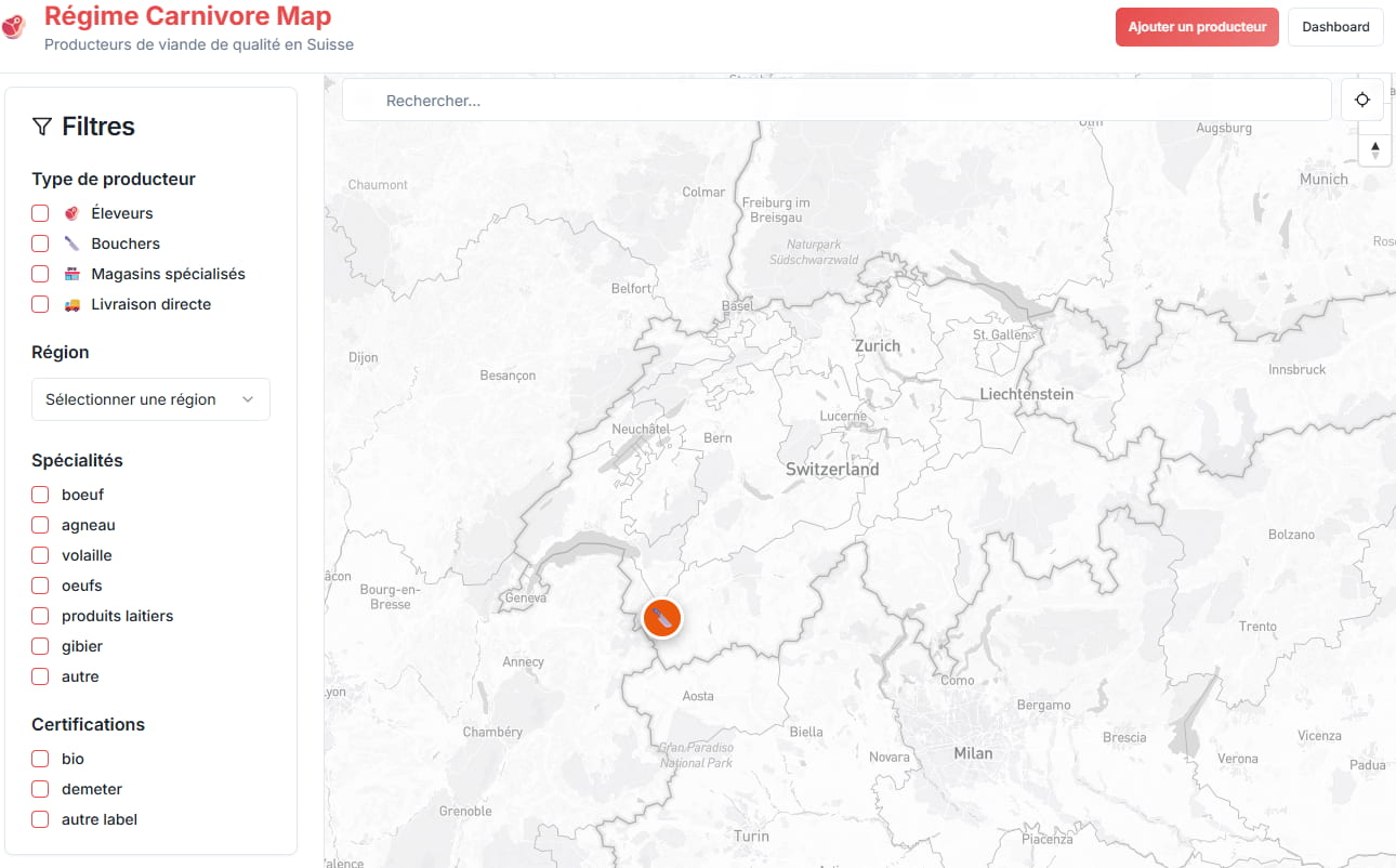 Carte interactive des producteurs de viande carnivore en Suisse